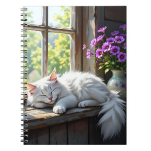 Weiße schlafende Katze und violette Blumen  Notizblock