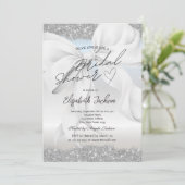 Weiße Schleife Silber Glitter Hochzeitsdusche Einladung (Stehend Vorderseite)