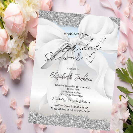 Weiße Schleife Silber Glitter Hochzeitsdusche Einladung