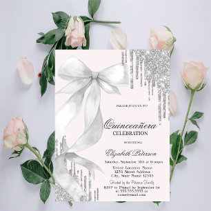 Weiße Schleife Silber Glitter Tropfen Quinceañera Einladung