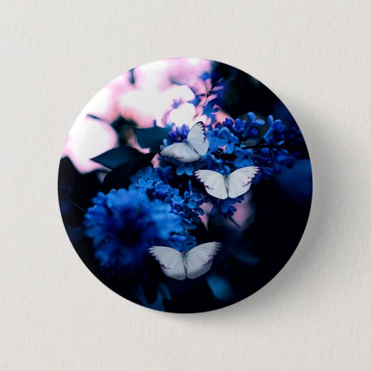 Weiße Schmetterlinge Blaue Blumen, Schmetterling Button (Vorderseite)