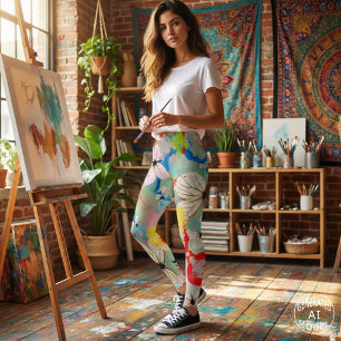 Weiße Schmetterlinge Farbige Tropfen und Pinselstr Leggings