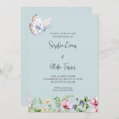 Weiße Schmetterlinge und Wildblumen Grüne Hochzeit Einladung (Vorne/Hinten)