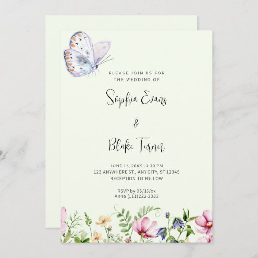 Weiße Schmetterlinge und Wildblumen Grüne Hochzeit Einladung (Vorne/Hinten)