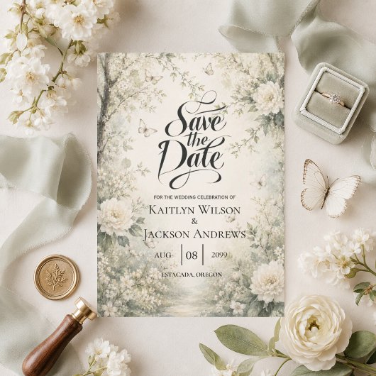 Weiße Schmetterlings-Frühlingsgarten-Hochzeit Save The Date