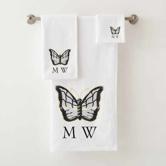 Weiße Schmetterlingsdesign-Monogramm Badhandtuch Set (Insitu)