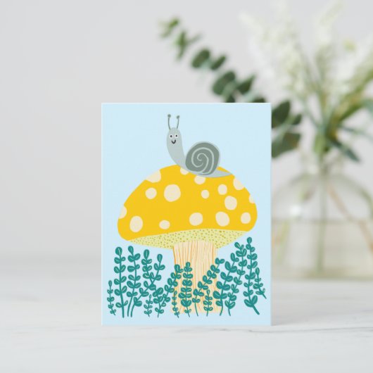 Weiße Schnecke auf Magischen Pilz Niedlich Postkarte (Stehend Vorderseite)