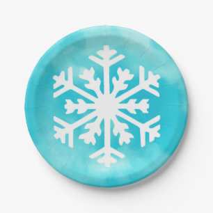 Weiße Schneeflocke auf Blue Watercolor Hintergrund Pappteller