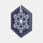 Weiße Schneeflocke auf dunkelblau Ornament Aus Glas (Vorderseite Links)