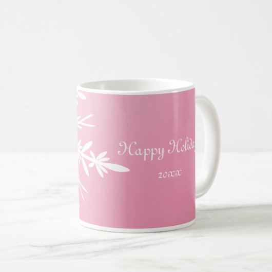 Weiße Schneeflocke auf Pink Happy Holidays Kaffeetasse (VorderseiteRechts)