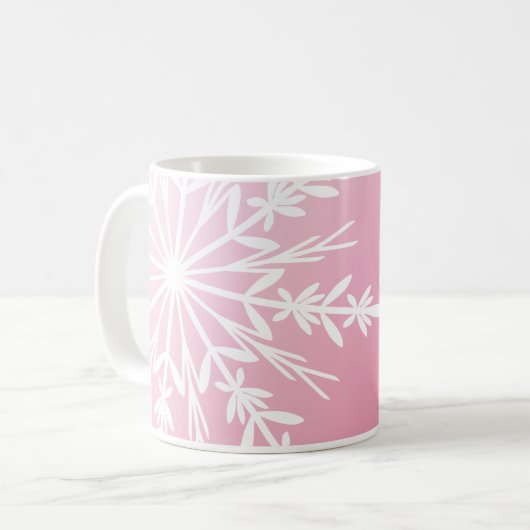 Weiße Schneeflocke auf Pink Happy Holidays Kaffeetasse (Vorderseite Links)