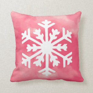 Weiße Schneeflocke auf rosa Aquarell-Hintergrund Kissen