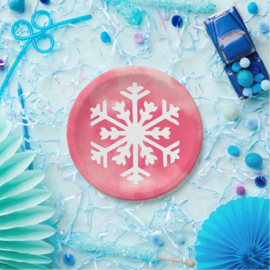 Weiße Schneeflocke auf rosa Aquarellfarbe Hintergr Pappteller (Party)