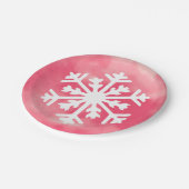 Weiße Schneeflocke auf rosa Aquarellfarbe Hintergr Pappteller (Schrägansicht)