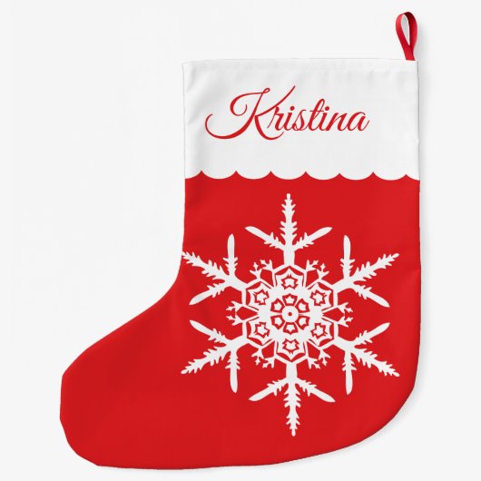 Weiße Schneeflocke auf rotem mit Monogramm Großer Weihnachtsstrumpf (Rückseite)