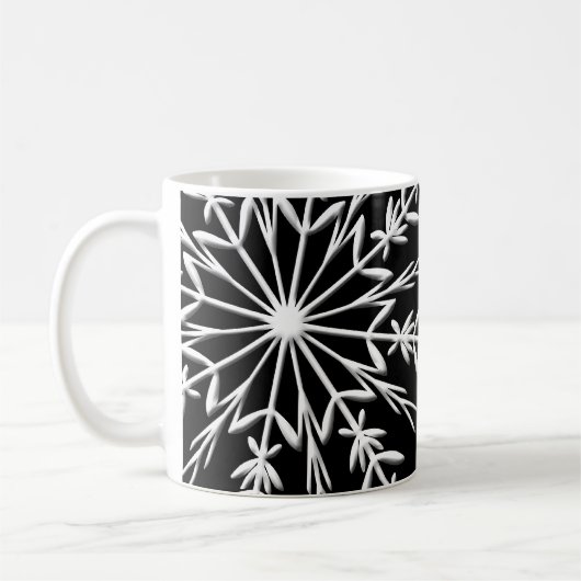 Weiße Schneeflocke auf Schwarz-Happy Holidays Kaffeetasse (Links)