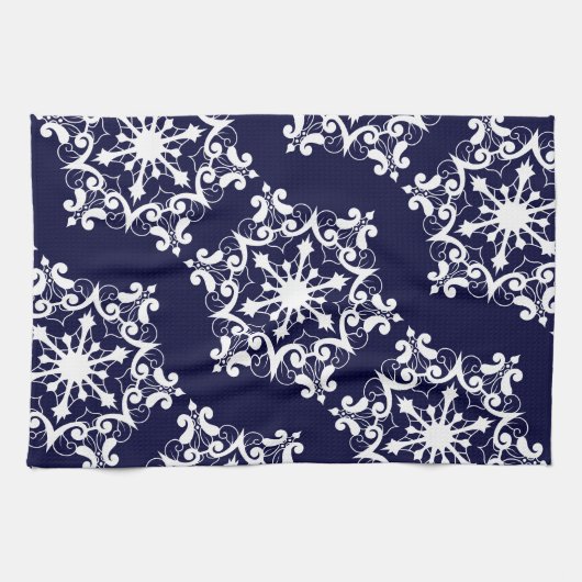 Weiße Schneeflocke in dunkelblau Geschirrtuch (Horizontal)