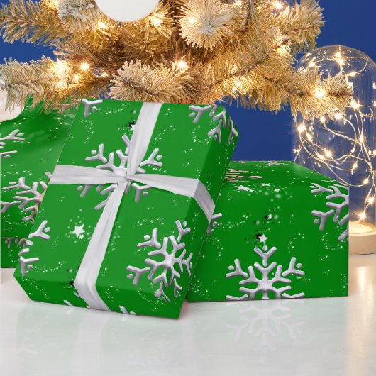 Weiße Schneeflocken an grünen Weihnachten Geschenkpapier (Feiertage)