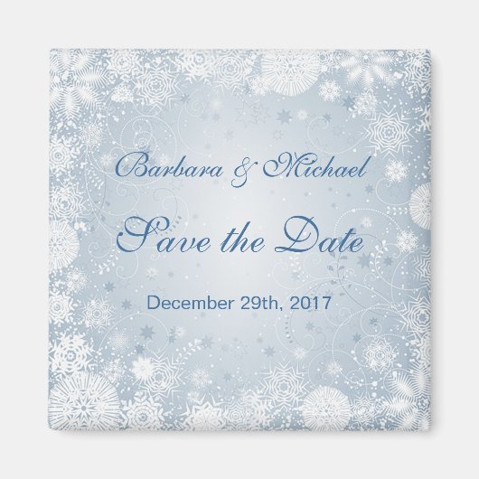Weiße Schneeflocken auf blau Save the Date Magnet (Vorne)