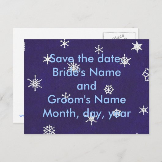 Weiße Schneeflocken auf blau, Save the Date, Postk Ankündigungspostkarte (Vorne/Hinten)