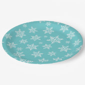 Weiße Schneeflocken auf blauem Wintermuster Pappteller (Schrägansicht)