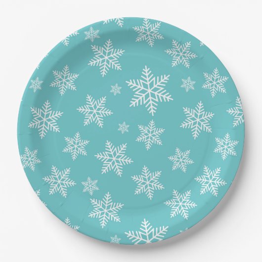 Weiße Schneeflocken auf blauem Wintermuster Pappteller (Vorderseite)