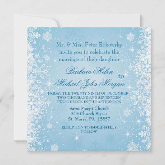 Weiße Schneeflocken auf blauen Hochzeitsempfang Einladung (Vorderseite)