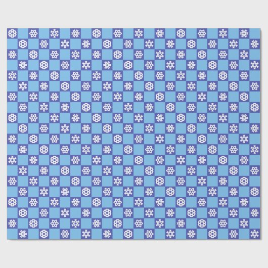 Weiße Schneeflocken auf Blue Grid Geschenkpapier (Flach)