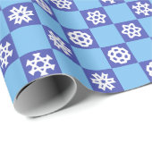 Weiße Schneeflocken auf Blue Grid Geschenkpapier (Rolleneckpunkt)