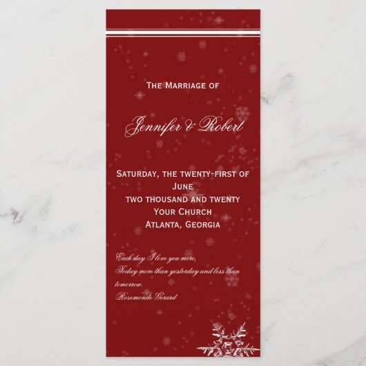 Weiße Schneeflocken auf Cranberry-Hochzeitsprogram Programm (Vorderseite)