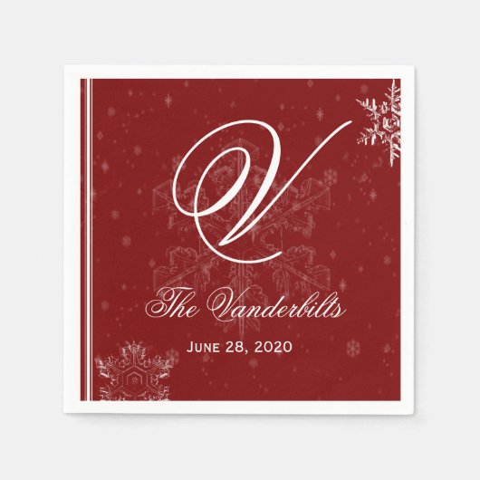 Weiße Schneeflocken auf Cranberry Wedding Napkins Serviette (Vorderseite)