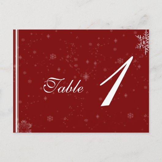 Weiße Schneeflocken auf Cranberry Wedding Tischnum Postkarte (Vorderseite)