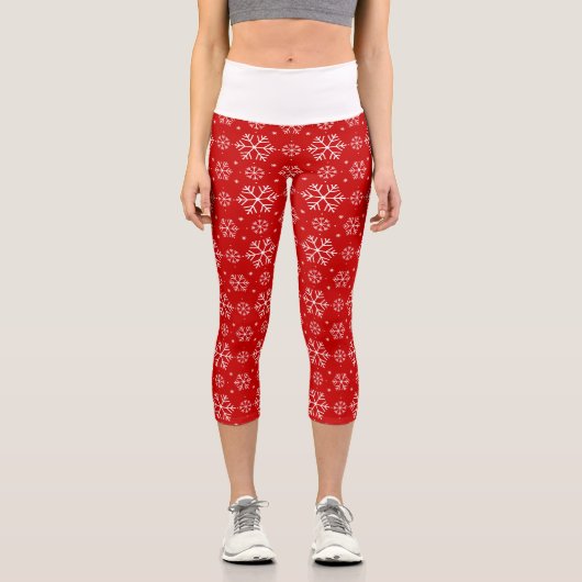 Weiße Schneeflocken auf dem Roten Hintergrund Weih Capri Leggings (Vorderseite)