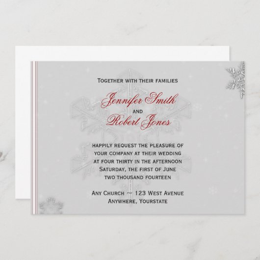 Weiße Schneeflocken auf Einladung zum Hochzeitsfei (Vorne/Hinten)