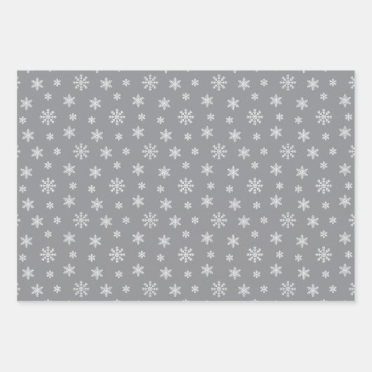 weiße Schneeflocken auf grauem Hintergrund Geschenkpapier Set (Vorderseite)