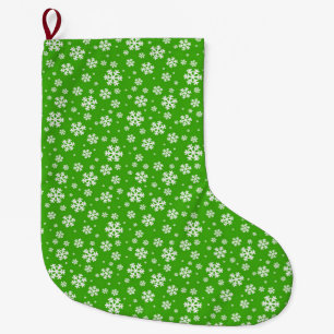 Weiße Schneeflocken auf grünem Wintermuster Großer Weihnachtsstrumpf