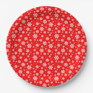 Weiße Schneeflocken auf rotem Wintermuster Pappteller