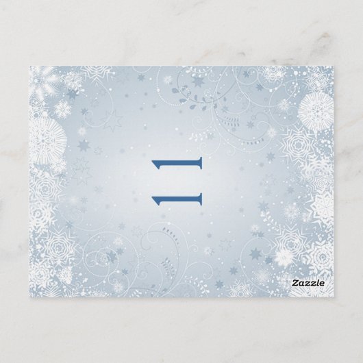 Weiße Schneeflocken auf silberblauer Tischnummer (Rückseite)