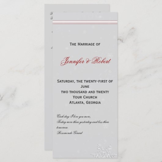 Weiße Schneeflocken auf Silberhochzeit Programm (Vorne/Hinten)