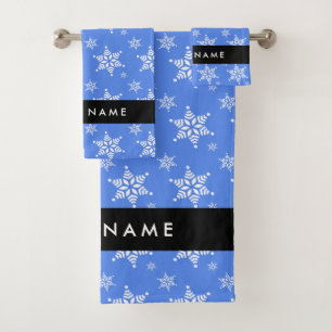 Weiße Schneeflocken, Blau, Ihr Name, Personalisier Badhandtuch Set