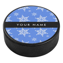 Weiße Schneeflocken, Blau, Ihr Name, Personalisier Eishockey Puck