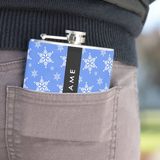 Weiße Schneeflocken, Blau, Ihr Name, Personalisier Flachmann (Beispiel)