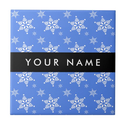 Weiße Schneeflocken, Blau, Ihr Name, Personalisier Fliese (Vorderseite)