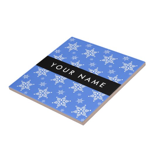 Weiße Schneeflocken, Blau, Ihr Name, Personalisier Fliese (Seite)