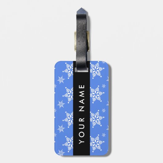 Weiße Schneeflocken, Blau, Ihr Name, Personalisier Gepäckanhänger (Rückseite vertikal)