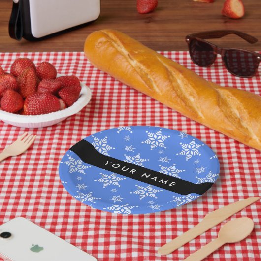 Weiße Schneeflocken, Blau, Ihr Name, Personalisier Pappteller (Picknick)