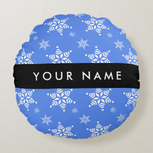 Weiße Schneeflocken, Blau, Ihr Name, Personalisier Rundes Kissen