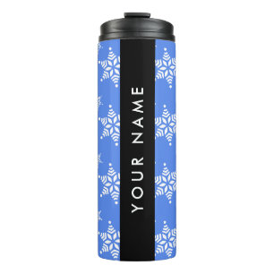 Weiße Schneeflocken, Blau, Ihr Name, Personalisier Thermosbecher