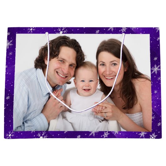 Weiße Schneeflocken Blaue Lila Backgd Große Gesche Große Geschenktüte (Vorderseite)