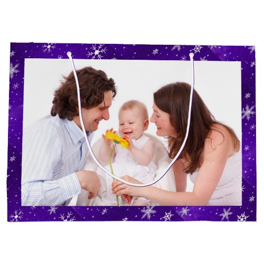 Weiße Schneeflocken Blaue Lila Backgd Große Gesche Große Geschenktüte (Rückseite)